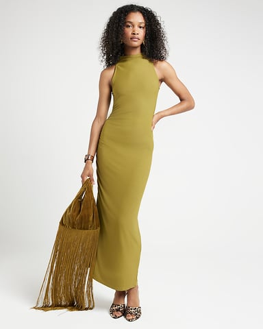 River Island Womens Bodycon Midi Dress Green Ruched High Neck
