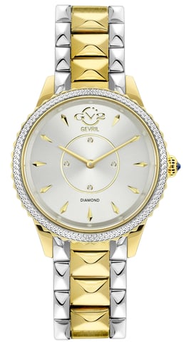 Reloj GV2 Siena para mujer con movimiento de cuarzo suizo, esfera plateada con diamantes y correa de acero inoxidable.