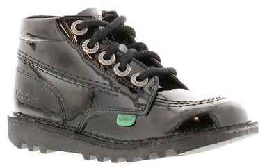 Kickers Younger Girls Ankle Boots Hi Zip Leather With Lace and Zip black patent