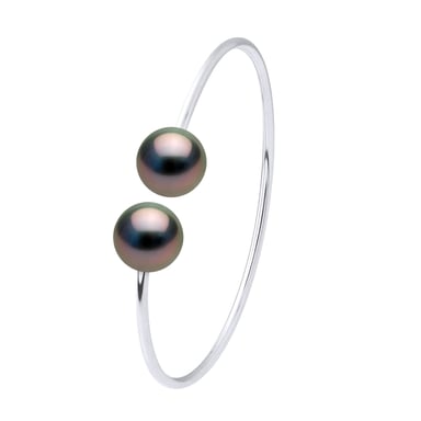 Bracelet Semi Rigid - Silver 925 - 2 Real Cultured Tahiti Pearls Round 9-10 mm