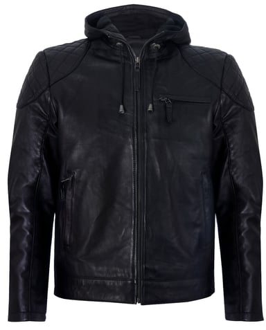 Chaqueta de motociclista estilo bomber con capucha y cremallera de cuero