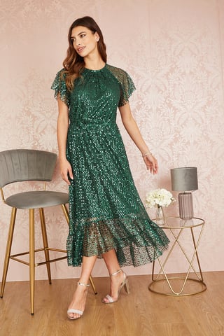 Green Sequin Angel Sleeve Midi Dress