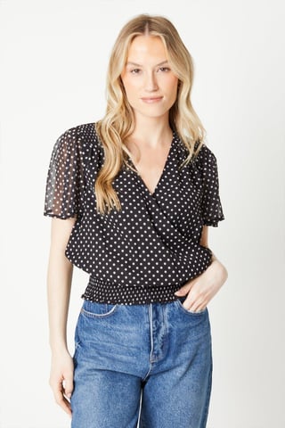 Spot Chiffon Shirred Hem Wrap Blouse