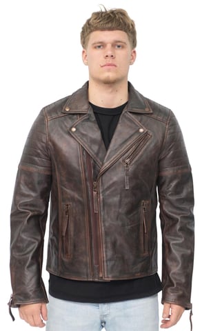 Chaqueta de motociclista de cuero con cremallera cruzada doble Brando para hombre - Casablanca