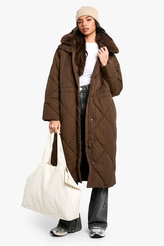 Premium Faux Fur Trim Quilted Maxi Parka