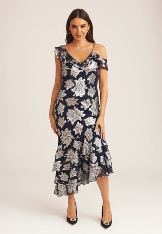 Vestido midi con volantes escalonados y clip floral