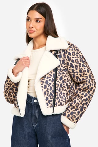 Leopard Print Cropped Aviator Jacket