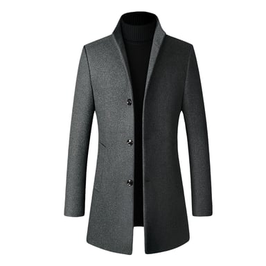 Men's Wool Long Slim Fit Stand-Up Collar Business Coat for Winter Grey