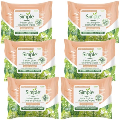 Simple Protect 'N' Glow Instant Cleansing Wipes for Dull & Tired Skin, 6 Pack