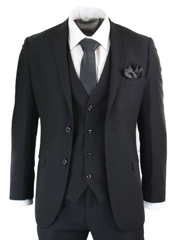 Traje clásico retro negro liso de 3 piezas para hombre