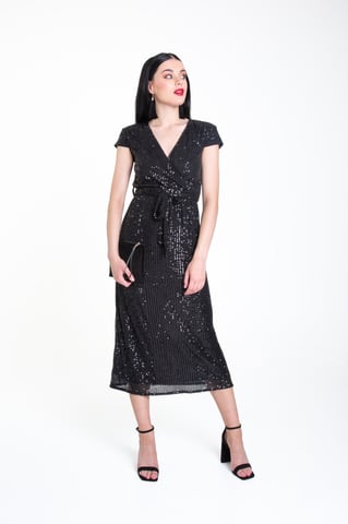 Vestido midi cruzado con cinturón de lentejuelas