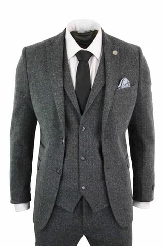 Traje de tweed de espiga gris carbón de tres piezas para hombre