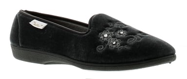 Womens Velour Upper Full Slipper With Soft Satin Lining Emroidered Flower Detail To The Vamp Textile