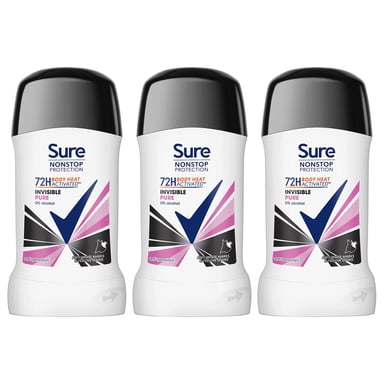 Sure Women Invisible Pure Antiperspirant Stick 72H Nonstop Protection, 3x50ml
