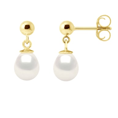 Earrings in Yellow Gold and Real Cultured Freshwater Pearls Pear 7-8 mm