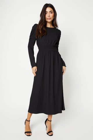 Shirred Waist Long Sleeve Midi Dress
