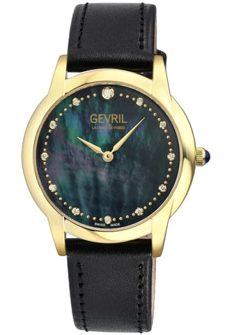 Reloj Gevril Airolo Swiss Diamond para mujer, esfera negra MOP, caja IPYG de acero inoxidable 316L, correa de piel de cocodrilo italiana auténtica