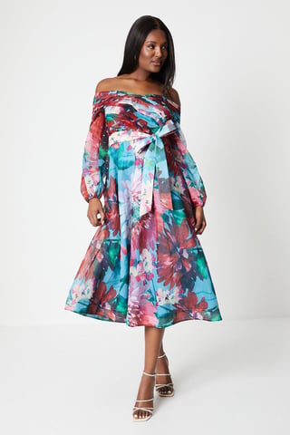 Organza Pleated Bodice Bardot Long Sleeve Midi Dress