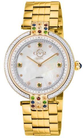 GV2 Matera 12803B Reloj suizo de cuarzo suizo IP dorado con caja de acero inoxidable 316L y esfera blanca MOP para mujer