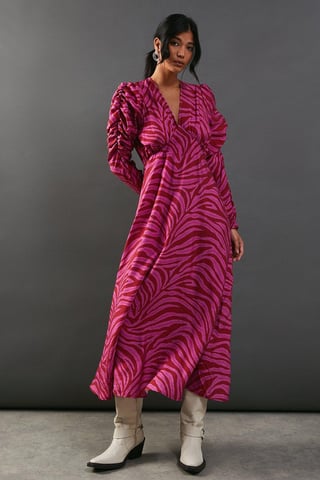 Pink Zebra Print Viscose V Neck Long Puff Sleeve Midi