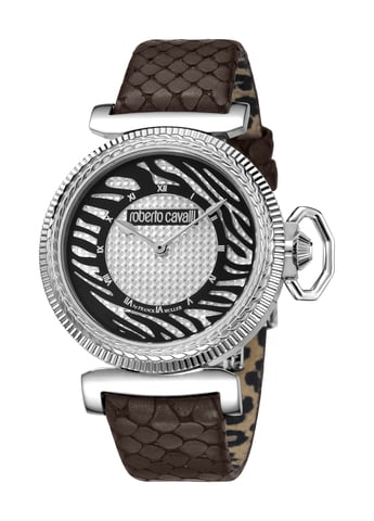 Roberto Cavalli:Reloj de cuero marrón con esfera plateada para mujer