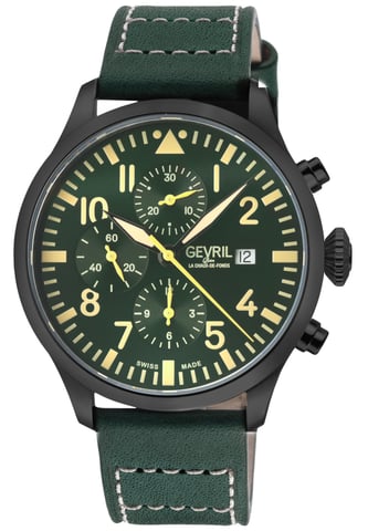 Gevril Reloj Vaughn de acero inoxidable 316L para hombre, caja negra, esfera verde, reloj de cuero genuino verde