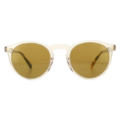 Gafas de sol Oliver Peoples Round para hombre en carey oscuro buff con espejo dorado.