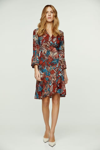Vestido cruzado de viscosa con estampado cachemira y mangas acampanadas.