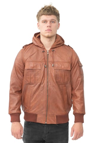 Chaqueta bomber con capucha de cuero color canela para hombre - Tirana