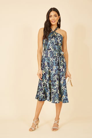 Navy Tropical Print Satin Cross Neck Midi Dress