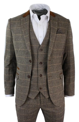 Traje de tweed a cuadros color canela de tres piezas para hombre