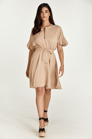 Beige Dress with Ruffle Sleeves