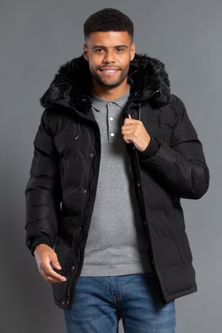 Black Longline Hooded Padded Jacket With Faux Fur Hood