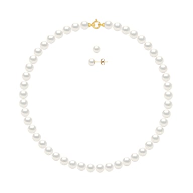 Set Necklace + Earrings - Real Cultured Freshwater Pearls Round 8-9 mm