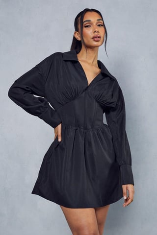 Corset Insert Plunge Shirt Dress