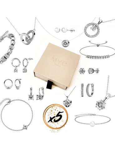 5 joyas sorpresa en una caja de regalo - Plata y Cristal