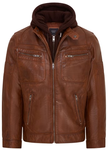 Chaqueta motera de cuero con capucha marrón para hombre - Stavern