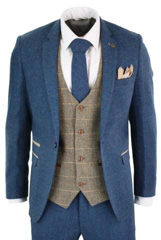 Traje vintage de tweed azul de tres piezas para hombre