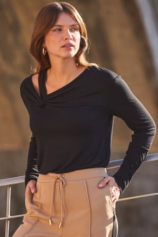 Black Asymmetric Neck Detail Jersey Top