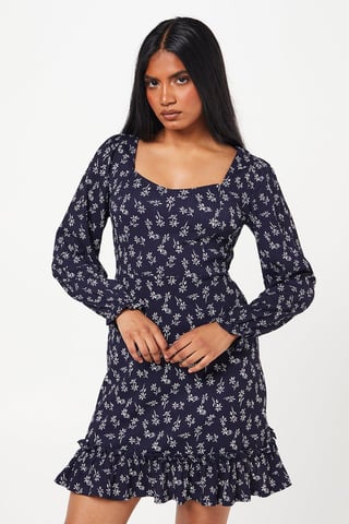 Petite Navy Ditsy Ruffle Hem Mini Dress
