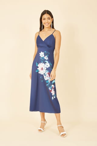 Navy Satin Slip Dress With Floral Design