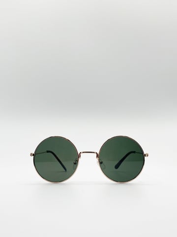 Classic Metal Round Sunglasses With Green Tinted Lenses