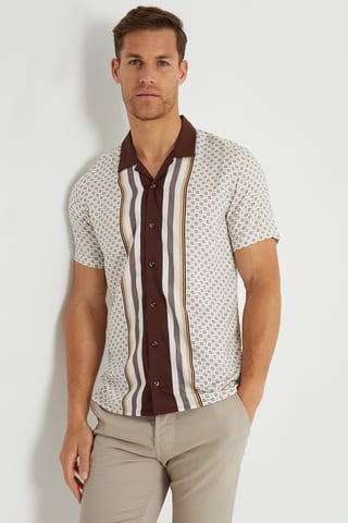 Brown 'Hallfield' Stripe Geo Print Revere Collar Short Sleeve Shirt