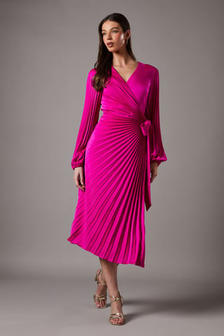 Satin Pleated Wrap Dress