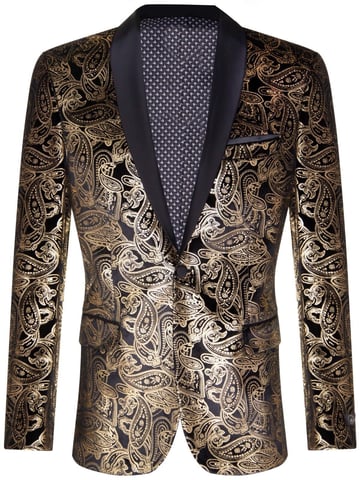 Chaqueta clásica de esmoquin de terciopelo negro con estampado de cachemira dorada para hombre, blazer de corte entallado