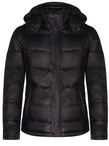 Chaqueta bomber acolchada de piel negra con capucha y cálida