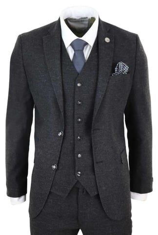 Traje retro vintage de tweed de lana negro de 3 piezas para hombre
