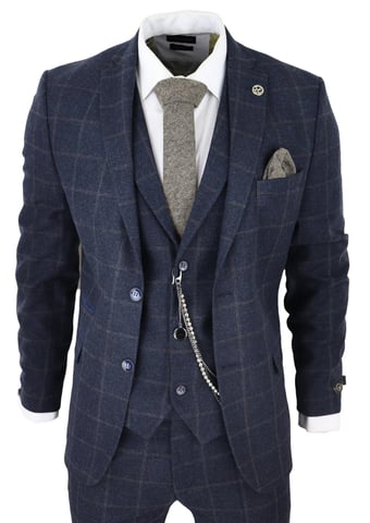 Traje de lana de 3 piezas para hombre, de tweed azul marino a cuadros, Peaky Blinders, estilo Gatsby de los años 20