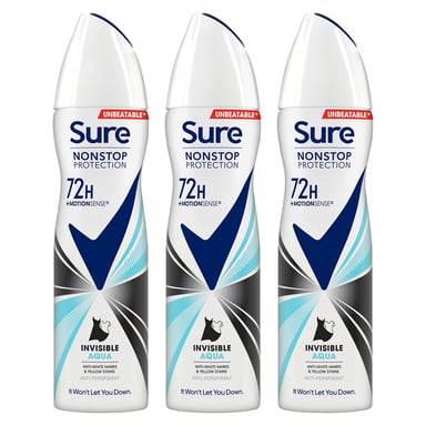 Sure Women Anti-Perspirant 72H Nonstop Protection Deo Invisible Aqua 150ml, 3pk