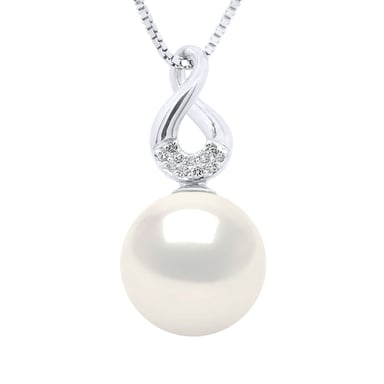 Pendant Eight White Gold - Diamonds 0,03 Cts - Real Cultured Freshwater Pearl Round 9-10 mm